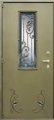 Тамбурная дверь со стеклом и ковкой, отделка порошок и ламинат -ДВ-1002