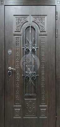 Тамбурная металлическая дверь, массив дуба с ковкой и стеклом-ДВ-1030