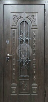 тамбурная металлическая дверь, массив дуба с ковкой и стеклом-ДВ-1030